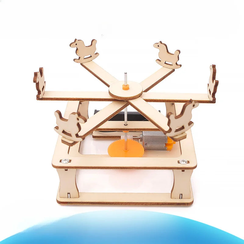 Close-up of electric DIY wooden carousel kit from 5-in-1 STEM puzzle set for kids ages 6 and up